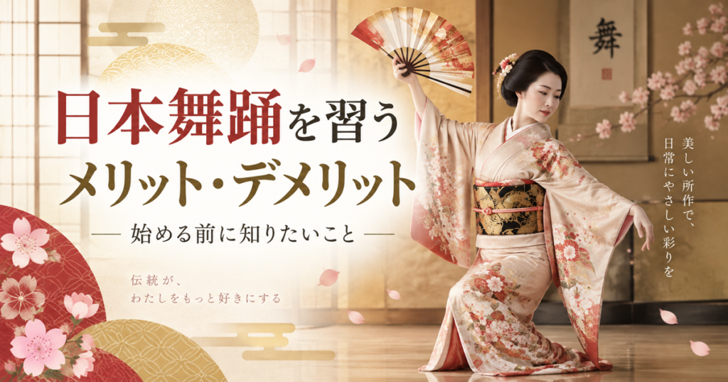 日本舞踊を踊る着物姿の女性と扇、桜を背景に「日本舞踊を習うメリット・デメリット」と書かれたアイキャッチ画像